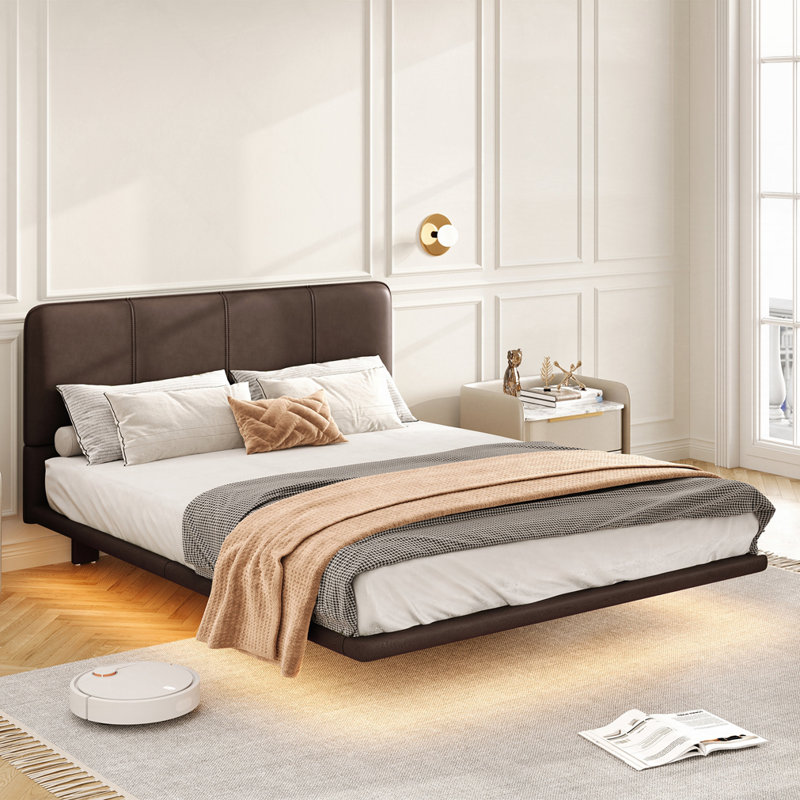 Lit plateforme moderne en cuir synthétique avec lumière DEL, Café, Grand