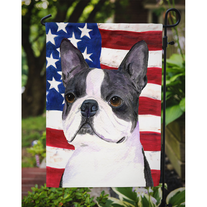 2 côtés en polyester de 2 côtés american drapeau de jardin, Gris / blanc Boston terrier