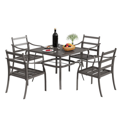5-piece Outdoor Patio Dining Set, 4 Metal Slat Chairs & Square Table With Umbrella Hole, All-weather Patio Furniture For Backyard, Deck And Garden