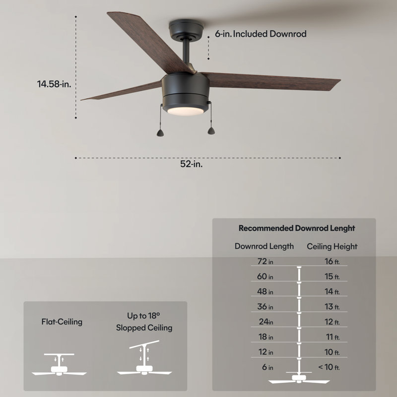 Skelton 52'' Indoor Ceiling Fan with Light, 3-Blade Pull Chain Ceiling Fan, Reversible AC Motor, Color Changing LED Light Kit - Matte Black with Dark Brown