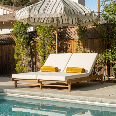 Lioressa Modern Coastal Acacia Wood Double Chaise Lounger with Adjustable Backrests & Water-Repellent Cushions