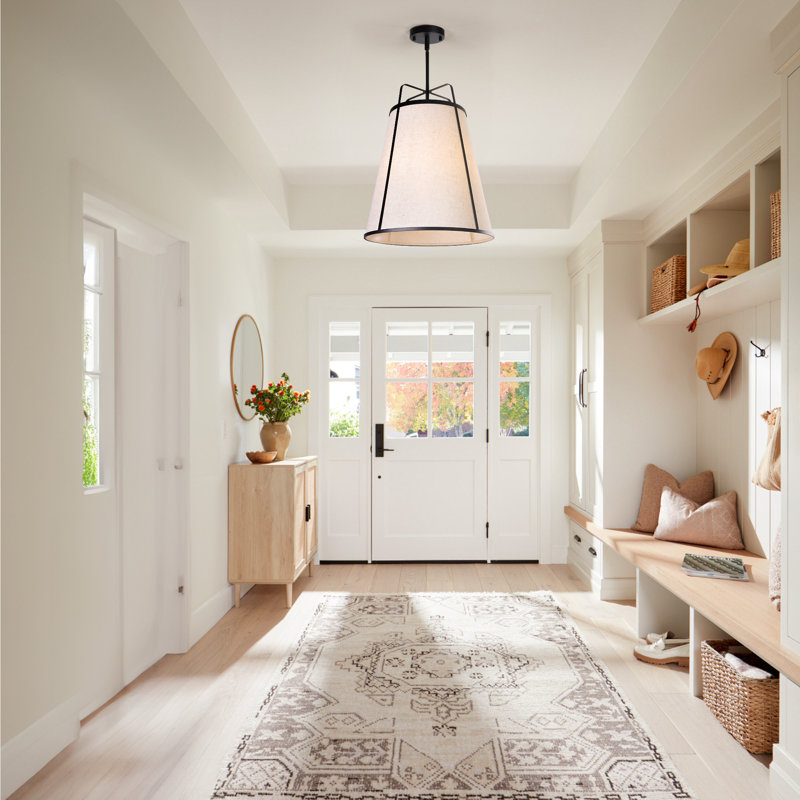 3 - Light Black Dimmable Tapered Pendant With Linen Shade, Matte Black, Beige