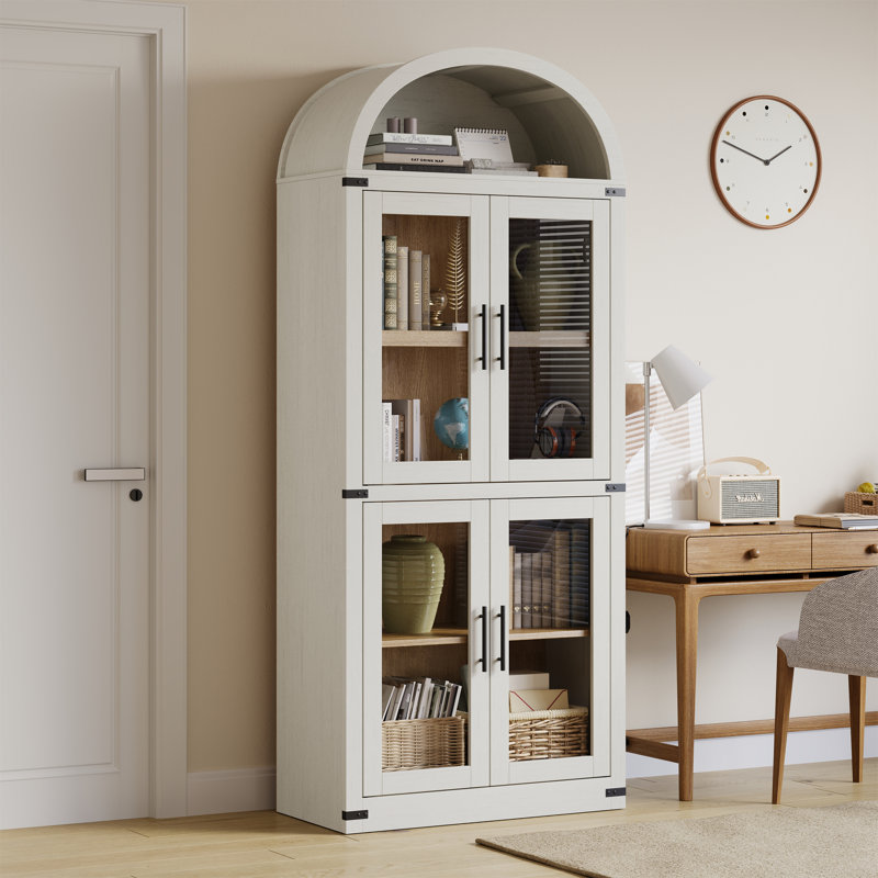 71" Modern Arched Bookcase with 4 Glass Doors – 5-Tier Freestanding Storage, Open Shelves, Anti-Tip for Living Room, Bedroom (Antique White)