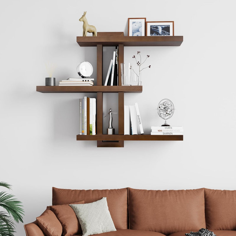 Variable Floating Shelves Wood Set Of 3, Cube Wall Mounted Shelves 28.35" Max, Wall Shelves For Living Room Bathroom Bedroom Farmhouse - Light Walnut Color - 28.35" X 23" X 4.3" Max