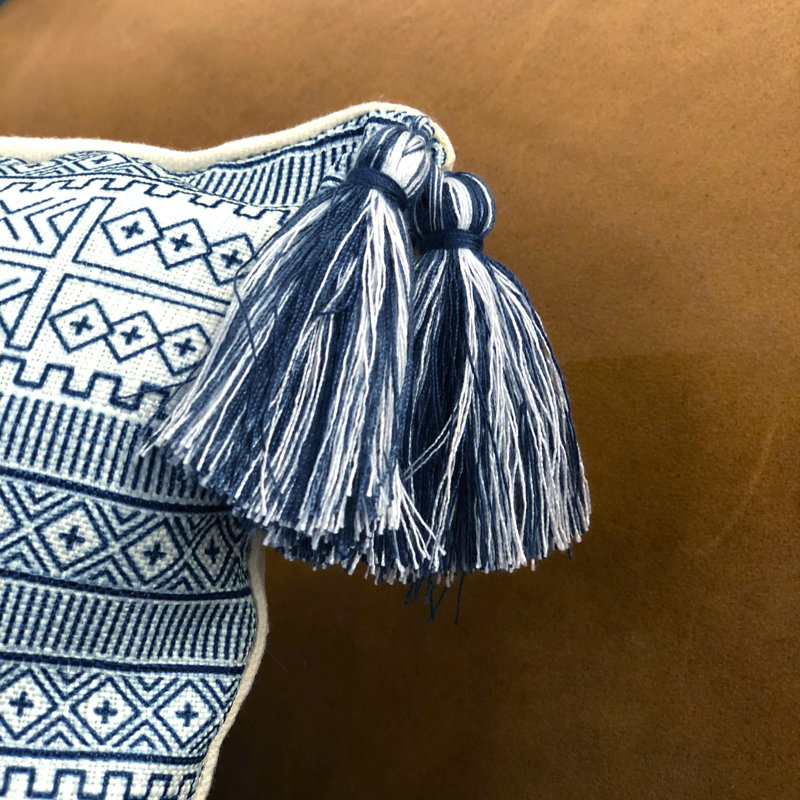 Lunette 16" Blue and White Striped Pillow with Tassels