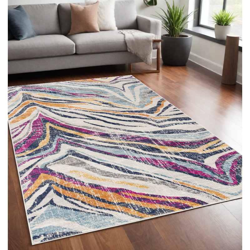 Raen Ivory Blue and Gold Abstract Area Rug, Rectangle 5' x 8'