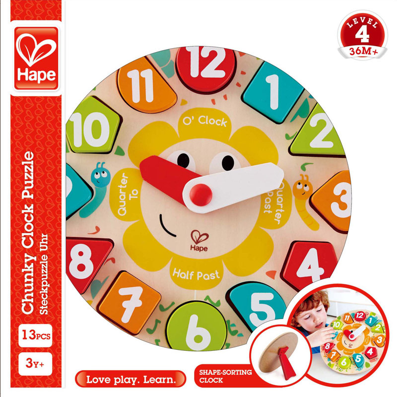Hape: Learn The Time Bug Puzzle - 13pc Wooden Clock Puzzle, Learning & Shape Sorting Toy, Colourful Chunky Number Pieces, Preschool, Kids Ages 3+