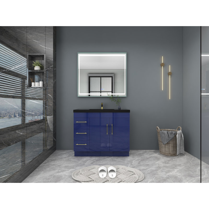 Ensemble de meuble-lavabo simple 42 po Camoya, Bleu nuit brillant, Or mat