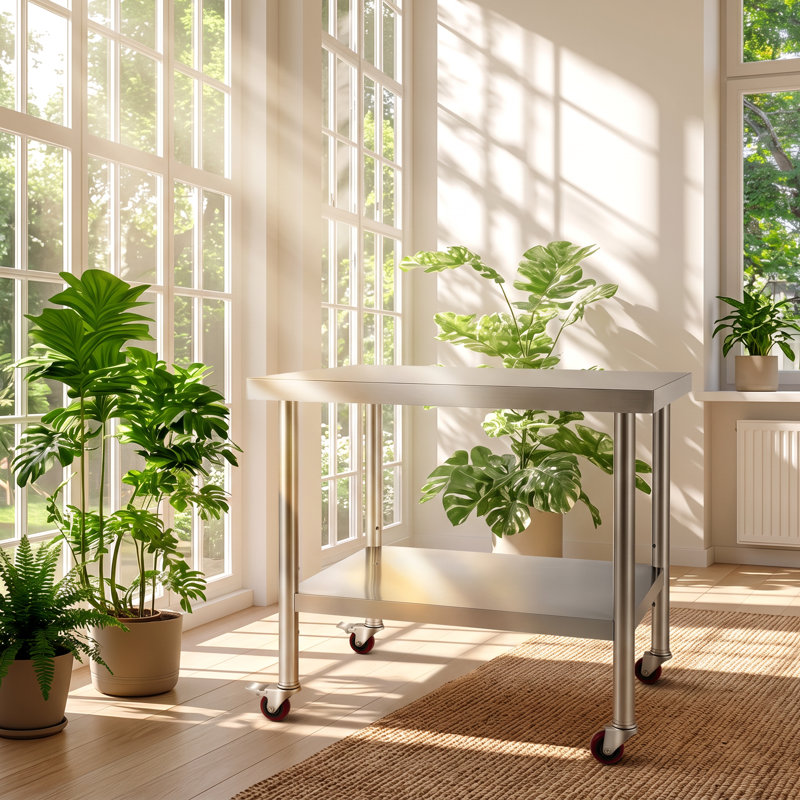Table de préparation de cuisine VEVOR en acier inoxydable avec tablette inférieure réglable, 98,5 cm (L) x 83,2 cm (P) x 14 cm (H).