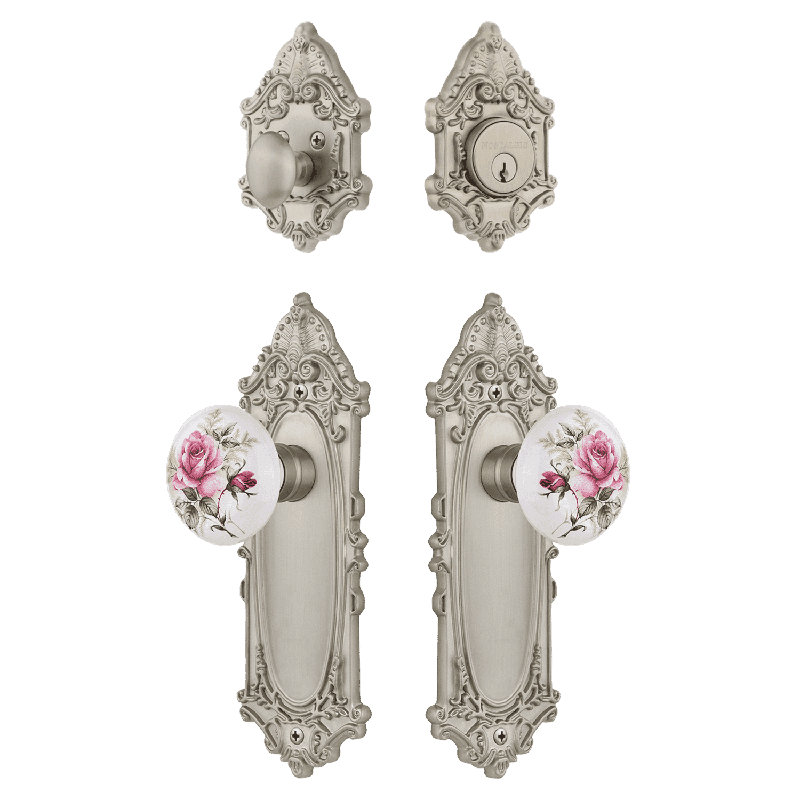 Nostalgic Warehouse Victorian Entry Set with White Rose Porcelain Knob, Satin Nickel, 2.75
