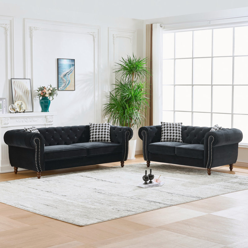 Chesterfield ‌velvet upholstery fabric Sofa with Roll Armrest & Nailhead,Upholstered Mid Century Modern Couch,2 Seater Couch for Living Room, Office, Apartment
