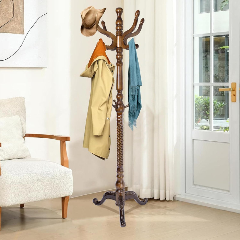 Portemanteau autoportant en bois avec 11 crochets, base robuste à trois pieds pour l'organisation du vestibule, du couloir et de la chambre à coucher, assemblage facile