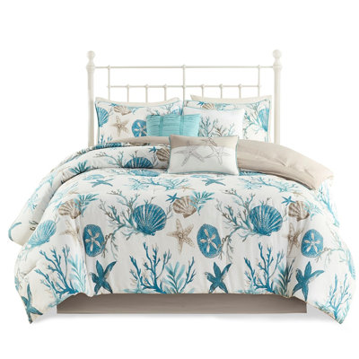 King Size Cotton Comforter In - With Printed Shells, Starfish, Corals & Fashionable Look 7 Piece All Over For A Vibrant Coastal Bedroom