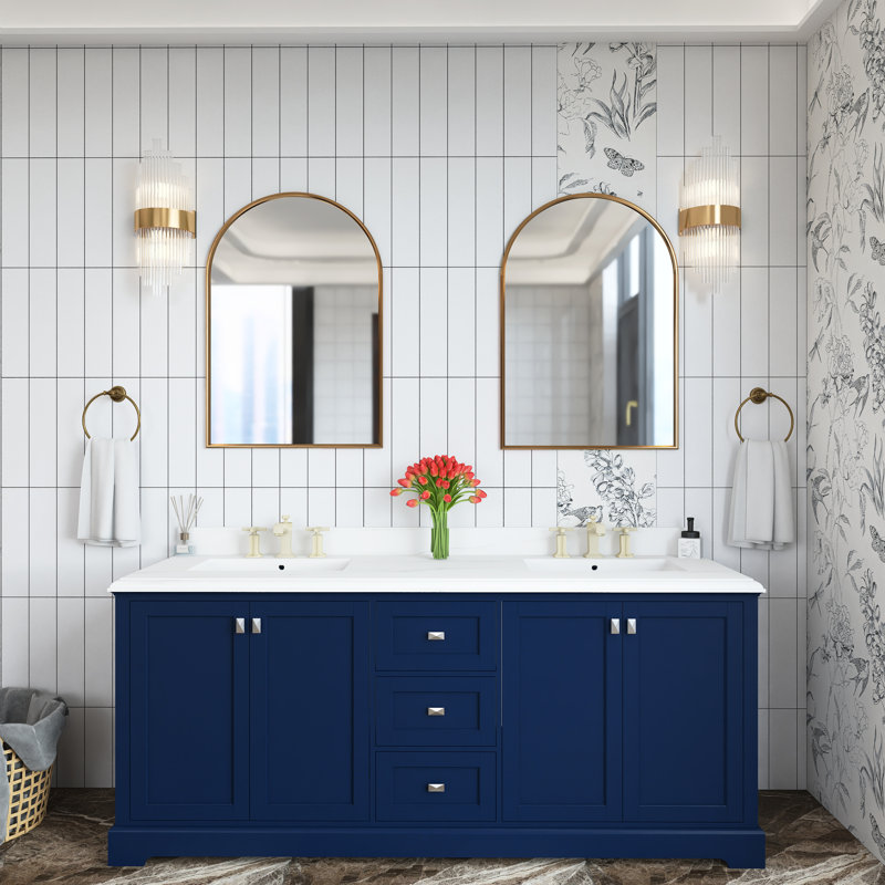 Ensemble de meuble-lavabo autoportant 60 po avec plateau en pierre d'ingénierie Marjina, Bleu, Or