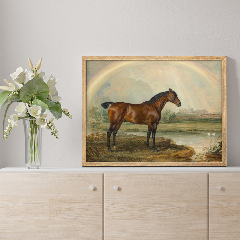 "Cheval brun au bord de la rivière, œuvre d'art rustique, affiches encadrées, petit art mural", H 11 po x l 14 po, Naturel