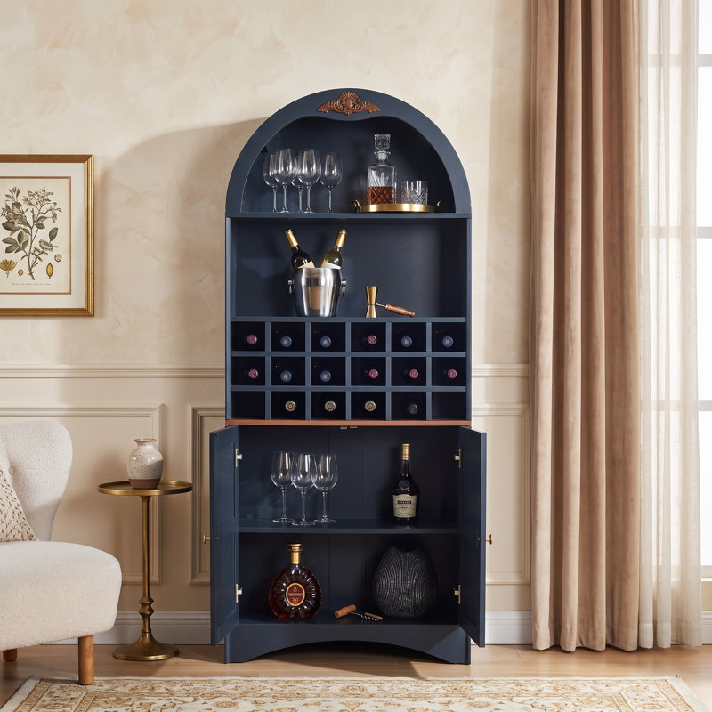 Bibliothèque à vin moderne en bois arqué avec support amovible et tablettes réglables, Bleu