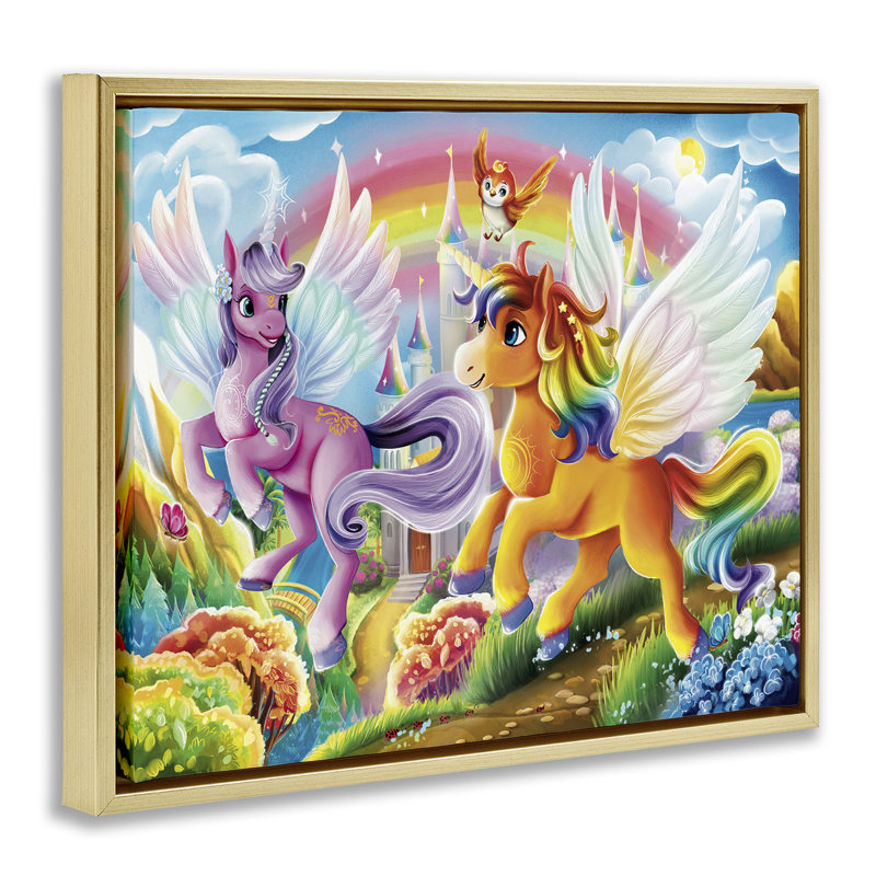  Art mural sur toile «Fluttering Unicorns & Rainbow» par Image World, Cadre flottant métallique doré, H 25 po x l 31 po