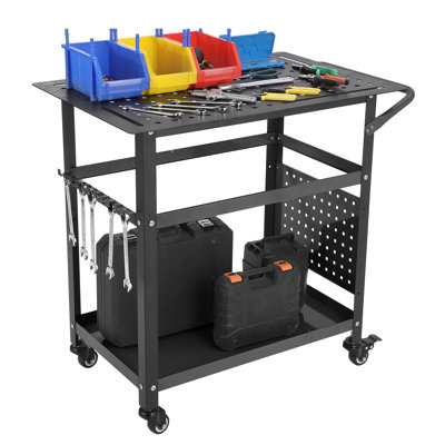 Établi roulant robuste 36 po x 24 po, table de soudage avec plateau en bois d'hévéa, panneau perforé, tablettes de rangement et roues verrouillables pour garage