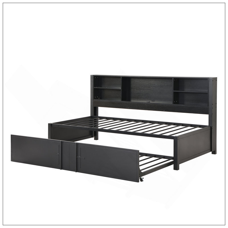 Lit de jour simple en métal avec lit gigogne simple, tablettes de rangement et ports USB