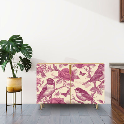 Buffet Buffet avec rangement Vintage Bird Rose Floral Soft Rose Beige avec 2 portes pour le salon et la cuisine