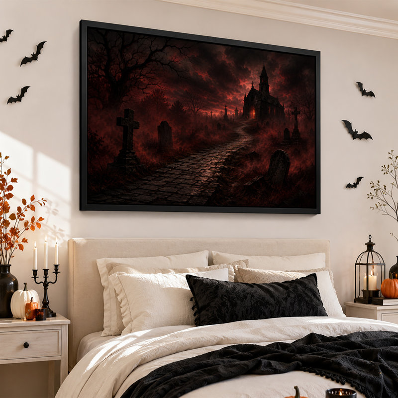 Église gothique et cimetière sous un ciel rougeoyant - Toile murale d'Halloween, H 12 po x l 18 po