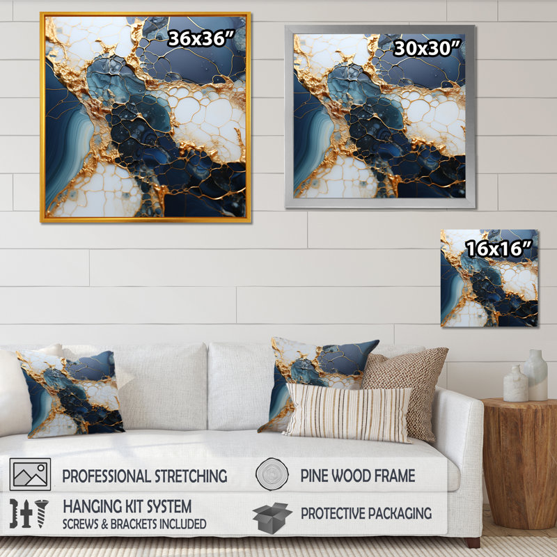 Encre de marbre dorée et bleue - Art mural abstrait à l'encre liquide, Cadre flottant noir, H 30 po x l 30 po x P 1,5 po