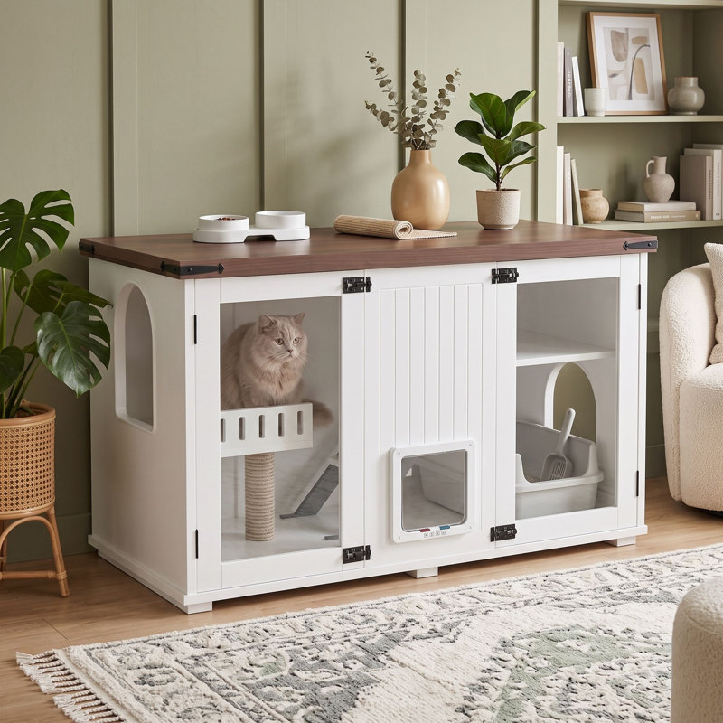 Enceinte de litière pour chat avec porte en acrylique intelligente et escalier, maison de chat à plusieurs niveaux avec poteau à griffer