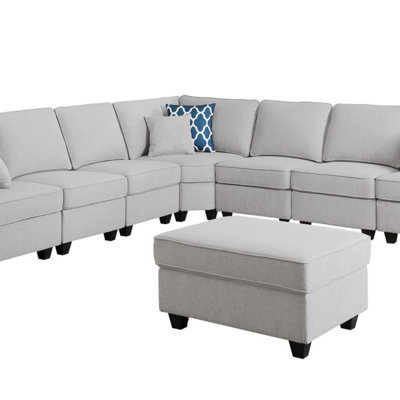 125" Light Grey Linen 8Pc Modular L-Shape Sectional Sofa And Ottoman