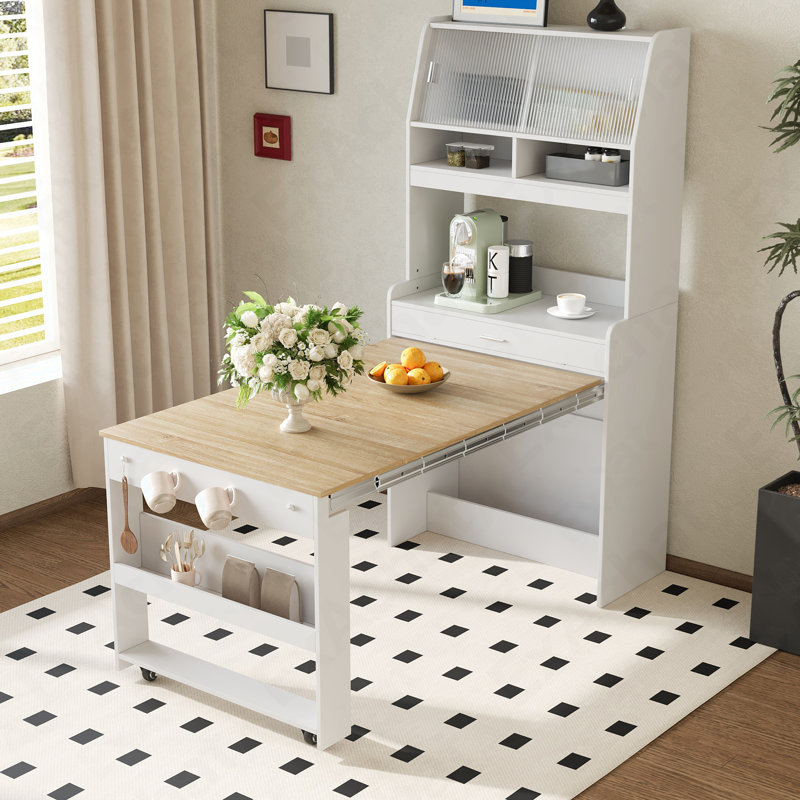 Buffet multifonctionnel avec table de salle à manger pliable - 33,5 x 15,7 x 69 pouces pour studio / appartement avec rangement et crochets