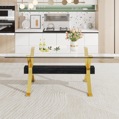 Dining table. Modern tempered glass dining table. Large modern office desk with gold plated metal legs and MDF crossbars, suitable for both home and office use. Kitchen