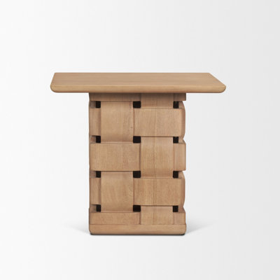 Niya Light Brown Wood W/ Carved Woven Base Square Accent Table