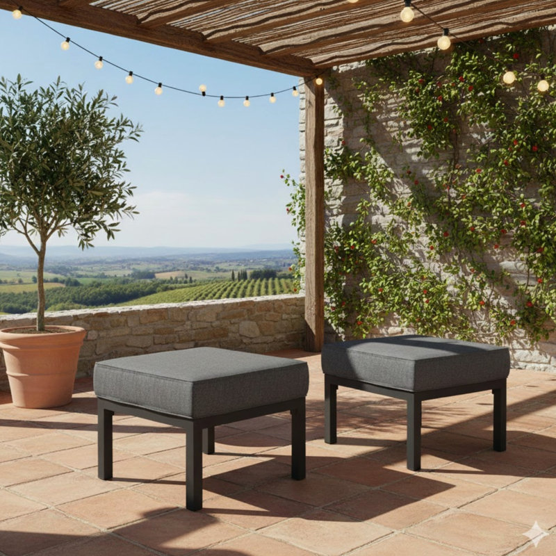 All - Weather 24" Aluminum Patio Ottomans , Ideal For Small Space Dwellers And Apartment Residents Of 2 With Dark Gray Cushions, To Harsh Outdoor Use