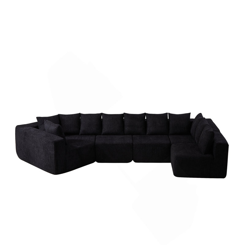Boneless Extra-Large L-Shaped Modular Deep-Seat Sectional Sofa With Recliner And Pillows, No Assembly Needed., Black