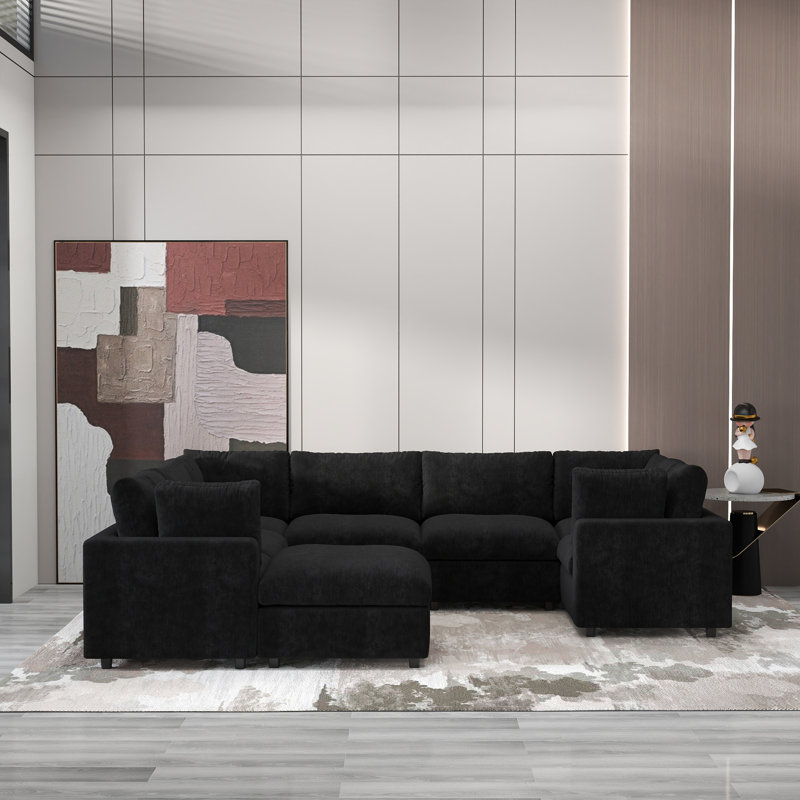 Kessi 8-Piece Upholstered Modern Chenille Fabric Modular Sectional Sofa With Ottoman, Black Chenille