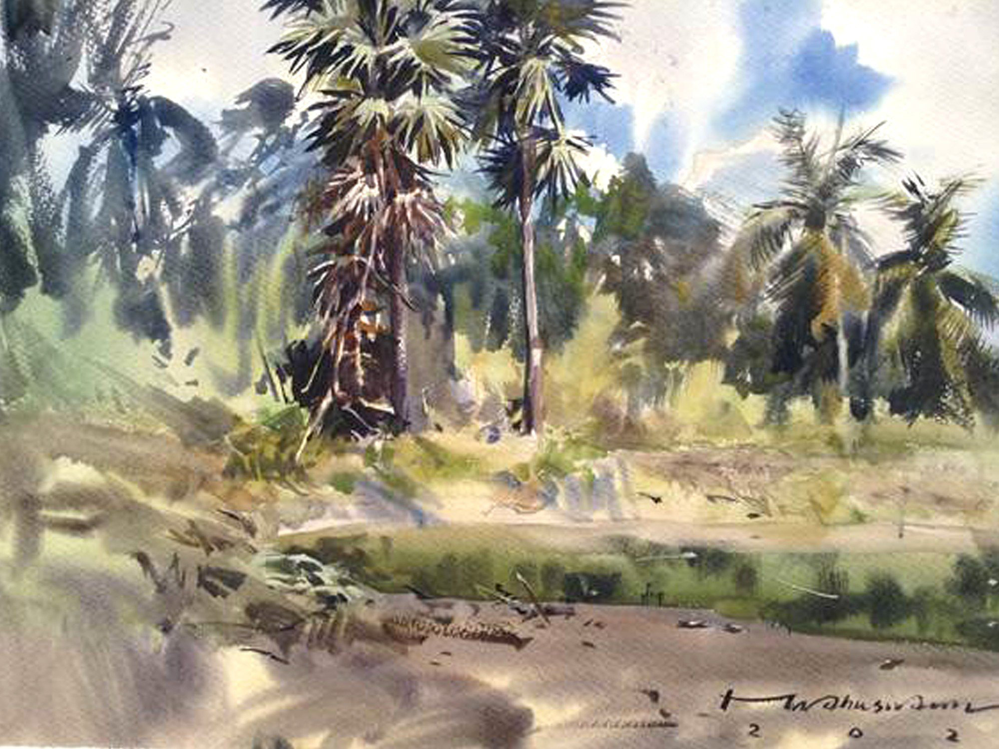 coconut tree watercolor drawing