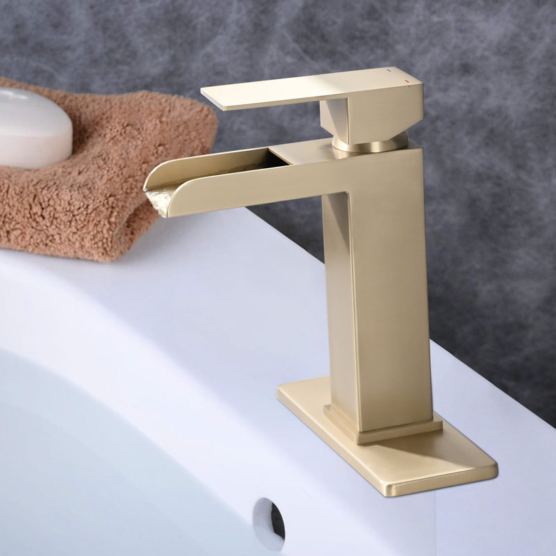 Waterfall Bathroom Sink Faucet Brushed Gold - Single Handle Deck Mount. Stainless Steel With Pop Up Drain And Overflow. Precise Water Flow. 1.2 Gpm. 9/16 In. . Size. 5.9 Spout H