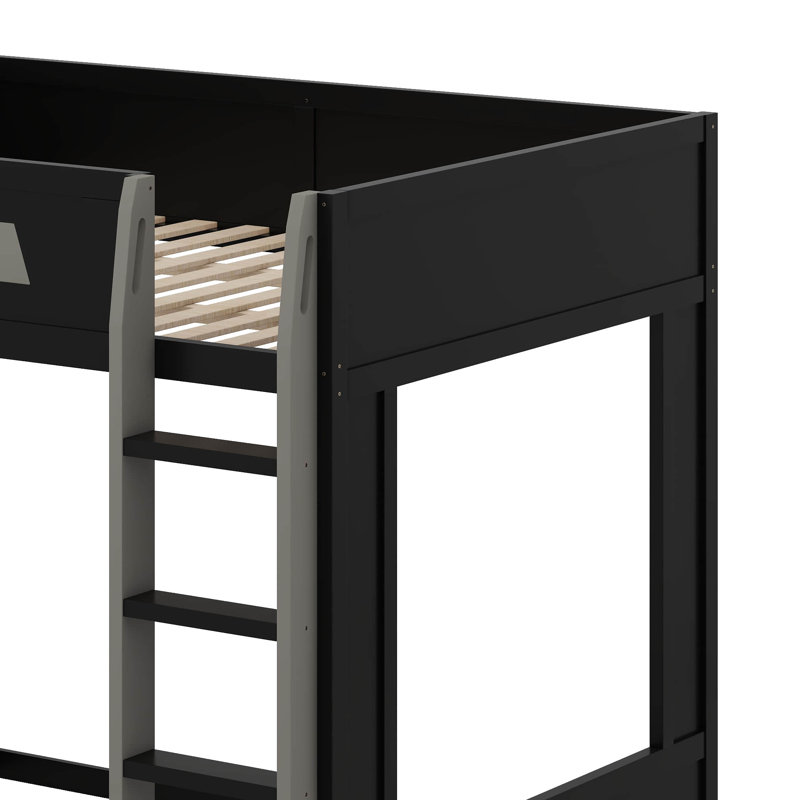 Wooden Gaming Bunk Bed With Built-In Desk, LED Lights, USB Port, And 2 Storage Shelves, Black+Gray, Queen