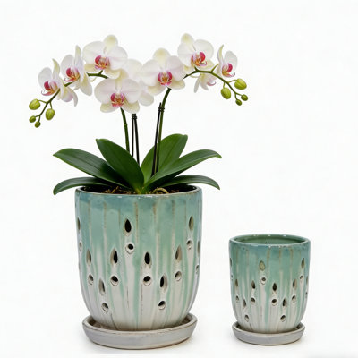 Ensemble de 2 pots à orchidées en céramique, pots à plantes de grande taille de 7,48 po et 5,51 po avec trous de drainage et soucoupe attachée pour rempoter, pot de fleurs creux pour plante d'intérieur / extérieur