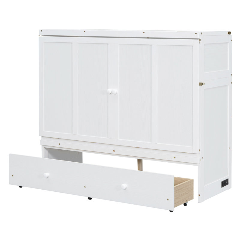Lit escamotable avec port USB et grand tiroir, Lit double, Blanc