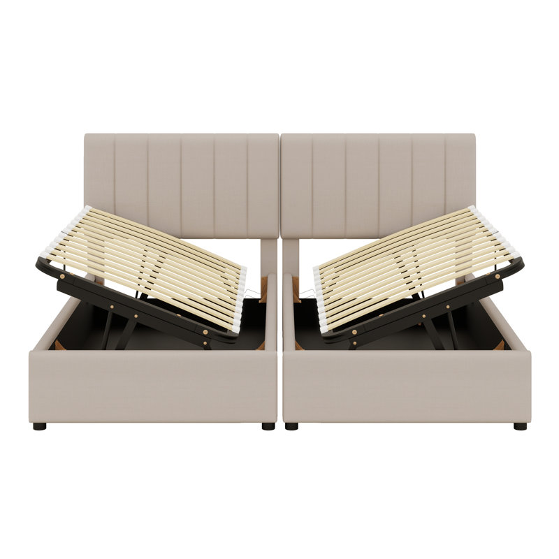 Structure de lit en lin avec tête de lit et rangement en dessous, Beige