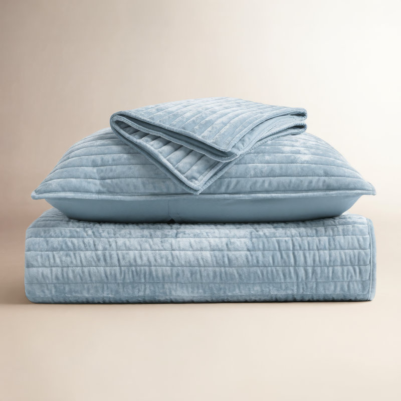 Luxe Velvet Channel Quilt Set, King, Blue Linen