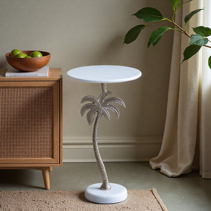 14X14x24" Round Side Table With Marble Top And Palm Tree Design