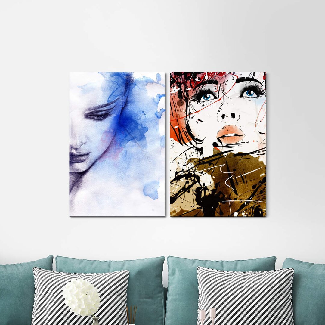 2-tlg. Leinwandbilder-Set - Grafikdruck „Women Portrait Face Watercolour Fashion Blue Angel Feminine”