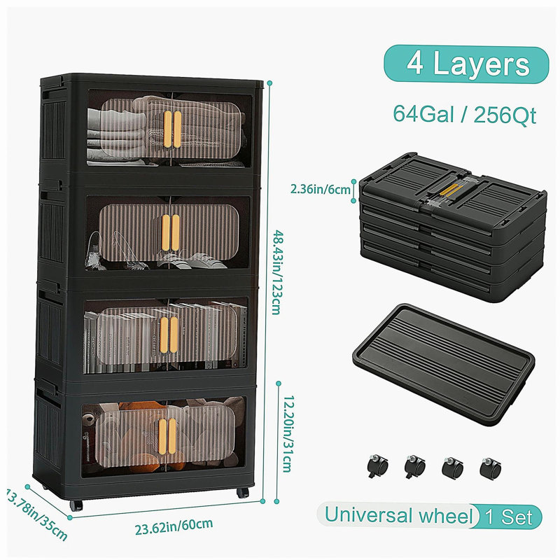 Noir, armoire de rangement pliante latérale de 24 po de large, 4 niveaux, 23,62 po x 13,78 po x 48,43 po, bacs de rangement pliables avec porte magnétique, armoire de rangement en plastique avec roues