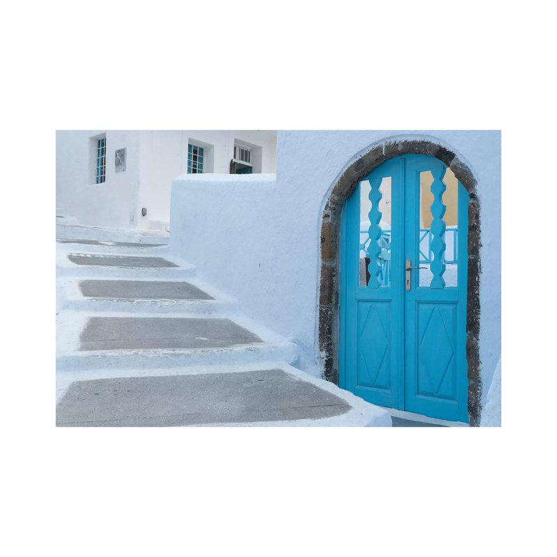 Greece, Santorini. Blue Door Livens Up A Quiet Alley Of White-washed Homes In Pyrgos. by Brenda Tharp - Wrapped Canvas Gallery-Wrapped Canvas Giclée