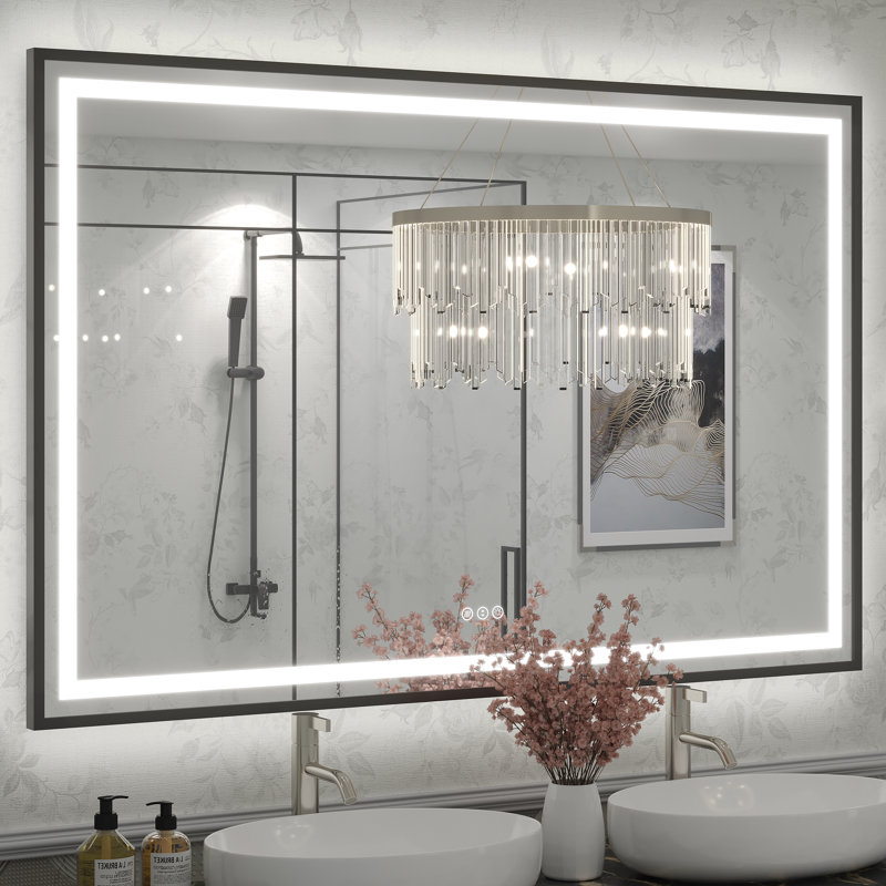 Molly Framelss or Framed LED Anti-Fog Tempered Glass Wall Bathroom Vanity Mirror - UL Certified, 55" x 36", Black