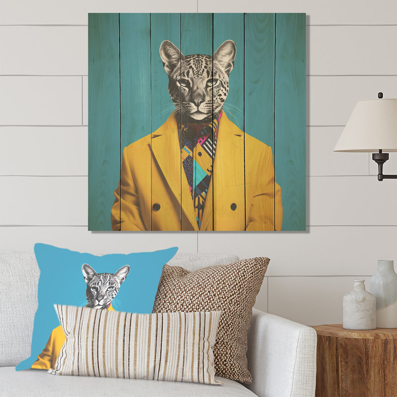 Popart emblématique chat en costume II - Chat sur bois, H 25 po x l 25 po