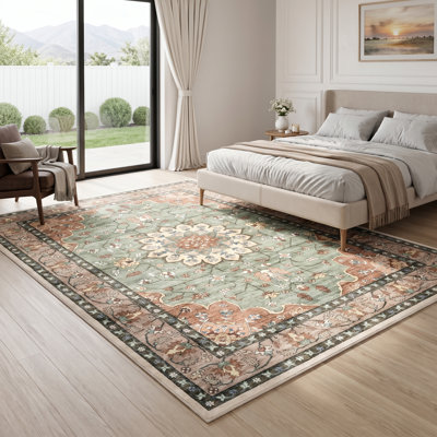 10x14FT Washable Area Rug Vintage Floral Distress Medallion Thin Low Pile Carpet Non-Slip Non-Shedding Stain Resistant