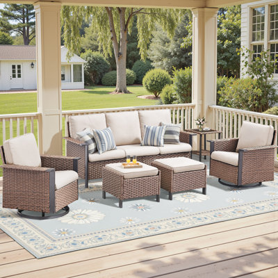 Coady 5 Person Outdoor Patio Wicker Wide Armrest Sofa Conversation Set With Swivel Chairs