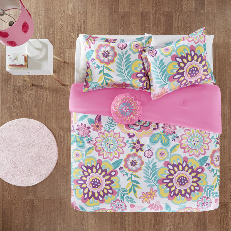 Full Pink Microfiber Reversible Floral Bedspread Set